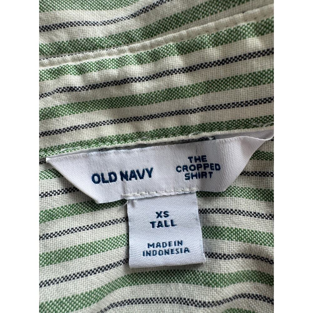 Old Navy The Cropped Shirt XS Tall 100% Cotton Green Stripe Button Down - Picture 3 of 10